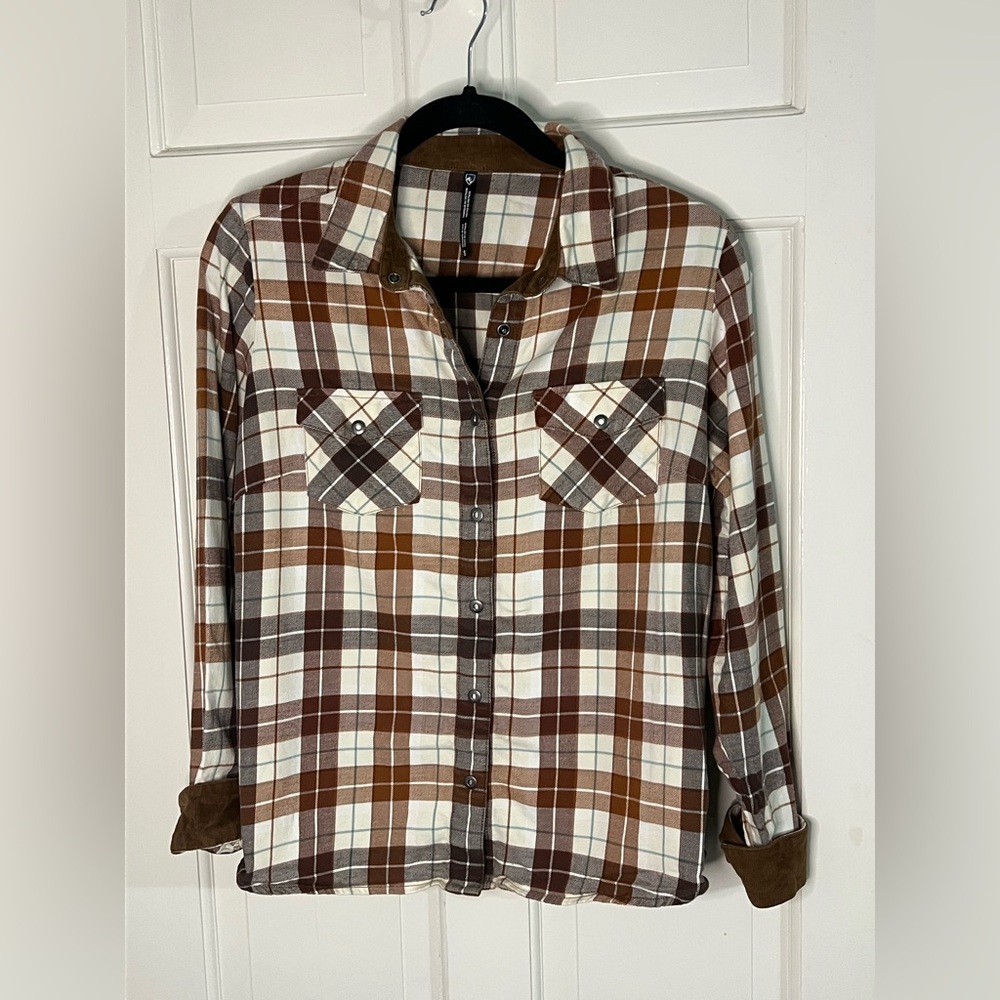 Kuhl Women's Plaid Button Down Shirt - Brown and White with light blue lines